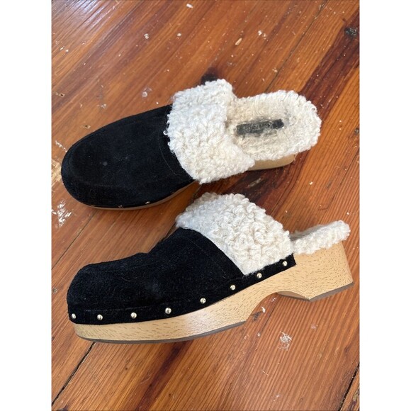 Kensie Joselynn Faux Shearling Suede Mules Clogs Slip On 8 Black Leather - Picture 1 of 7